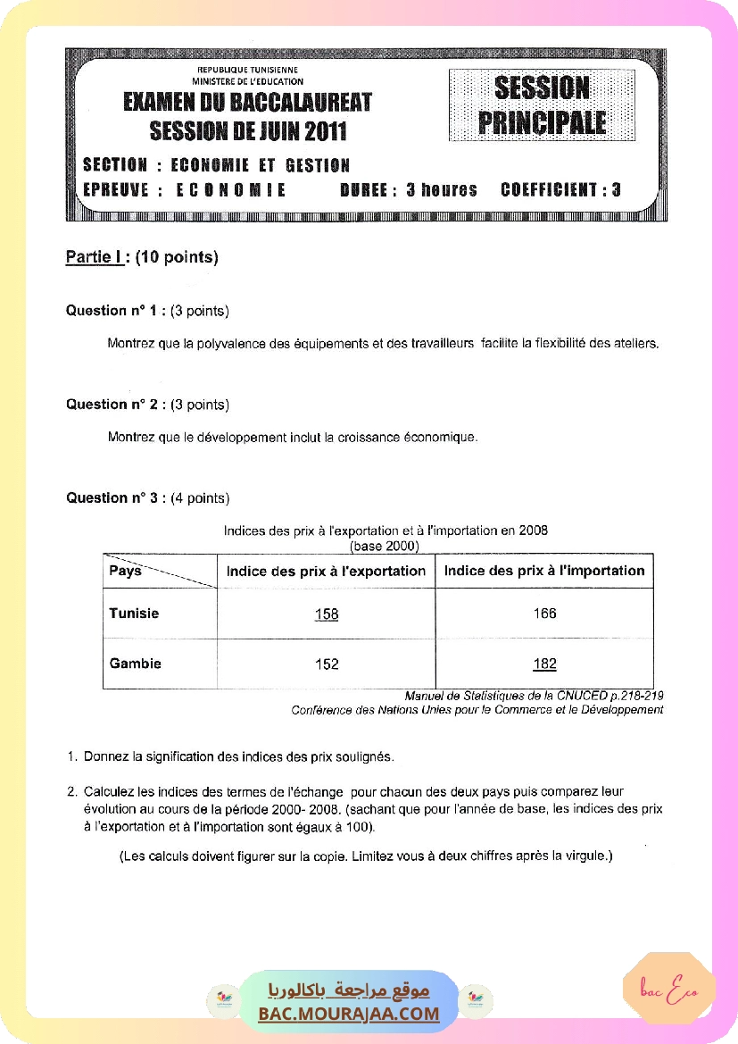 Sujet principale eco Bac 2011 – Section eco